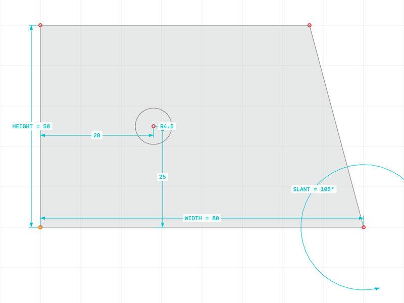 A bracket sketch with dimensions bound to the variables WIDTH, HEIGHT and SLANT.